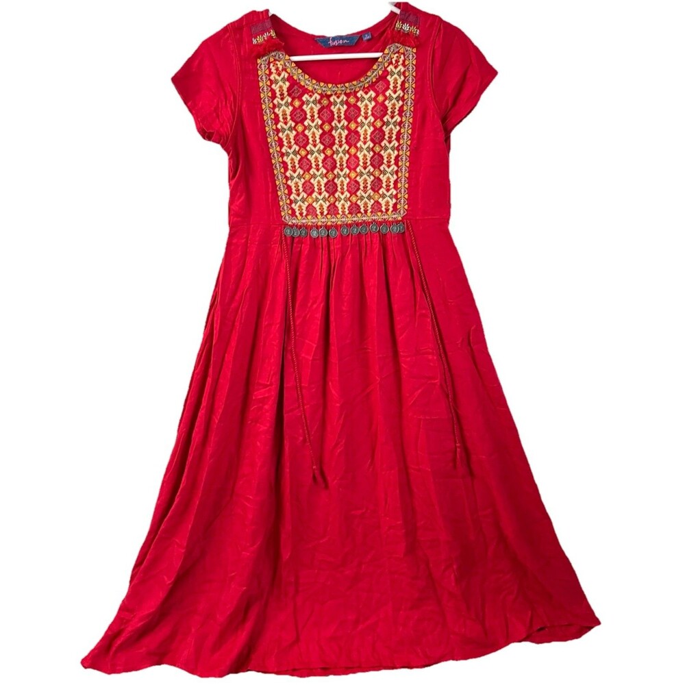 Fusion Sz S Midi Dress Red Embroidered Tassels Indian Style Boho